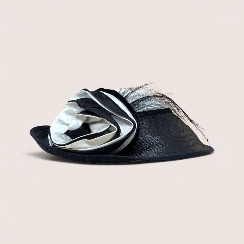 Vintage Jody G for Sylvia Black and White Straw Cocktail Brim Hat